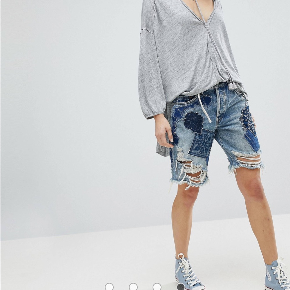Free People Heart Breaker Cotton Denim Patch Bermuda Shorts